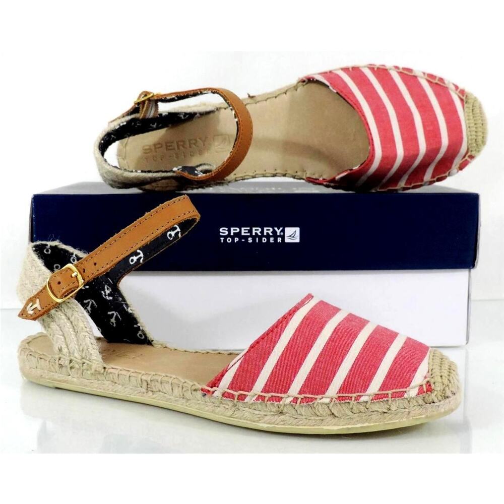Women's Sperry Top Sider Hope Flat Espadrille Sandals Red Breton Stripe Size 7
